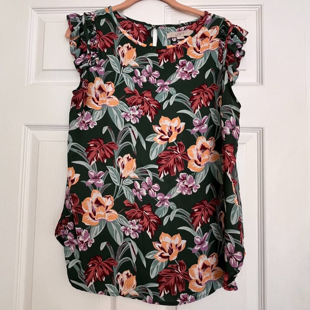 LOFT Floral Top Short Sleeve/Cap Sleeve Ruffles Green with Yellow Flowers Size M